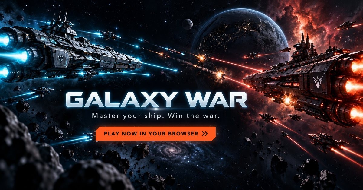 Galaxy War artwork: rival battleships exchange fire above a planet