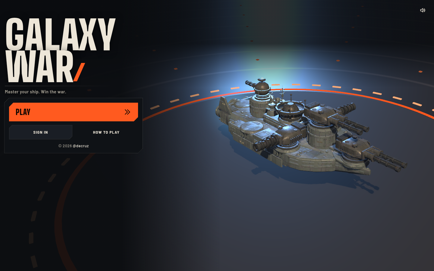 Galaxy War title screen with a 3D battleship in its hangar and the Play menu